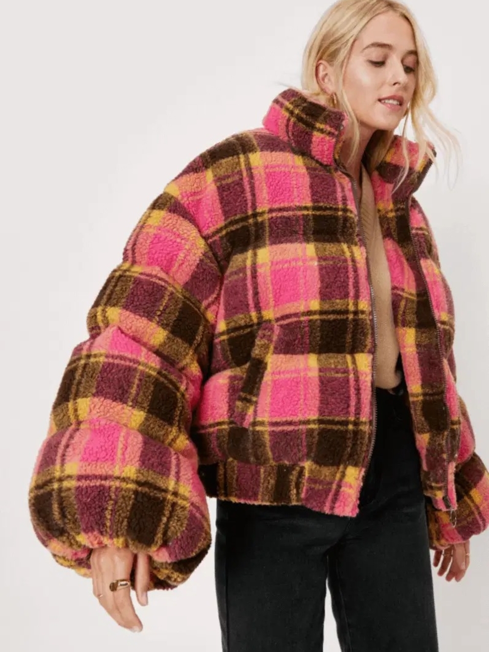 Nasty Gal Pink, Brown & Yellow Plaid Teddy Bomber Jacket